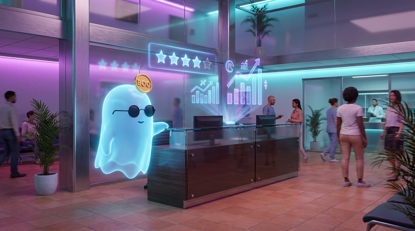 El fantasma BOO junto al mostrador de recepción de una clínica mientras llegan pacientes y entran reseñas de cinco estrellas