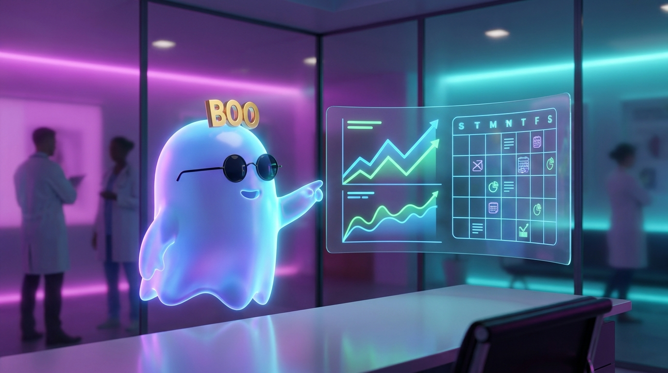 El fantasma BOO mostrando un panel con la captación de pacientes creciendo y la agenda de citas de la clínica llena
