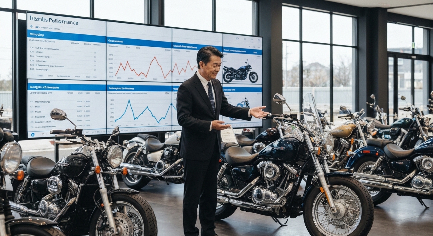 Concesionario de motos con pantallas mostrando analiticas de ventas