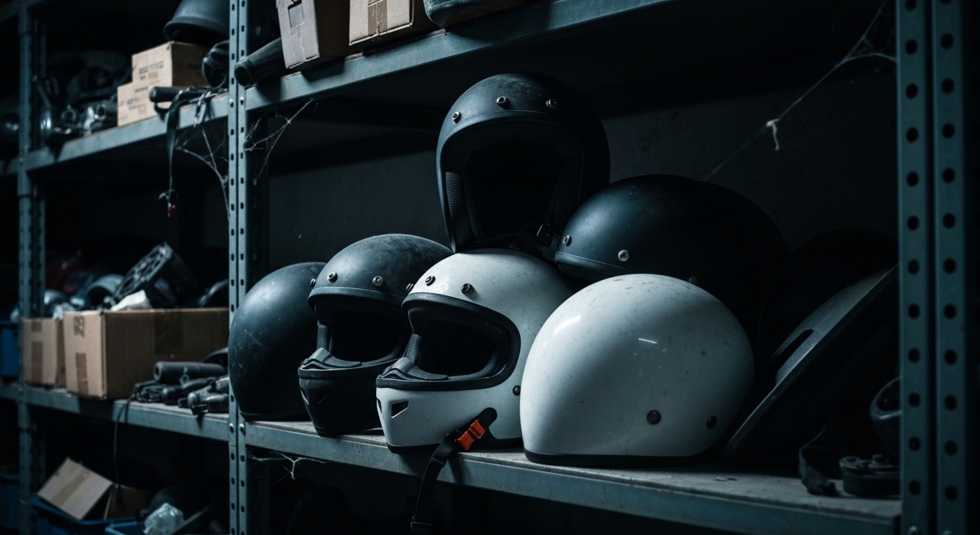Cascos de moto acumulando polvo en estanteria desorganizada