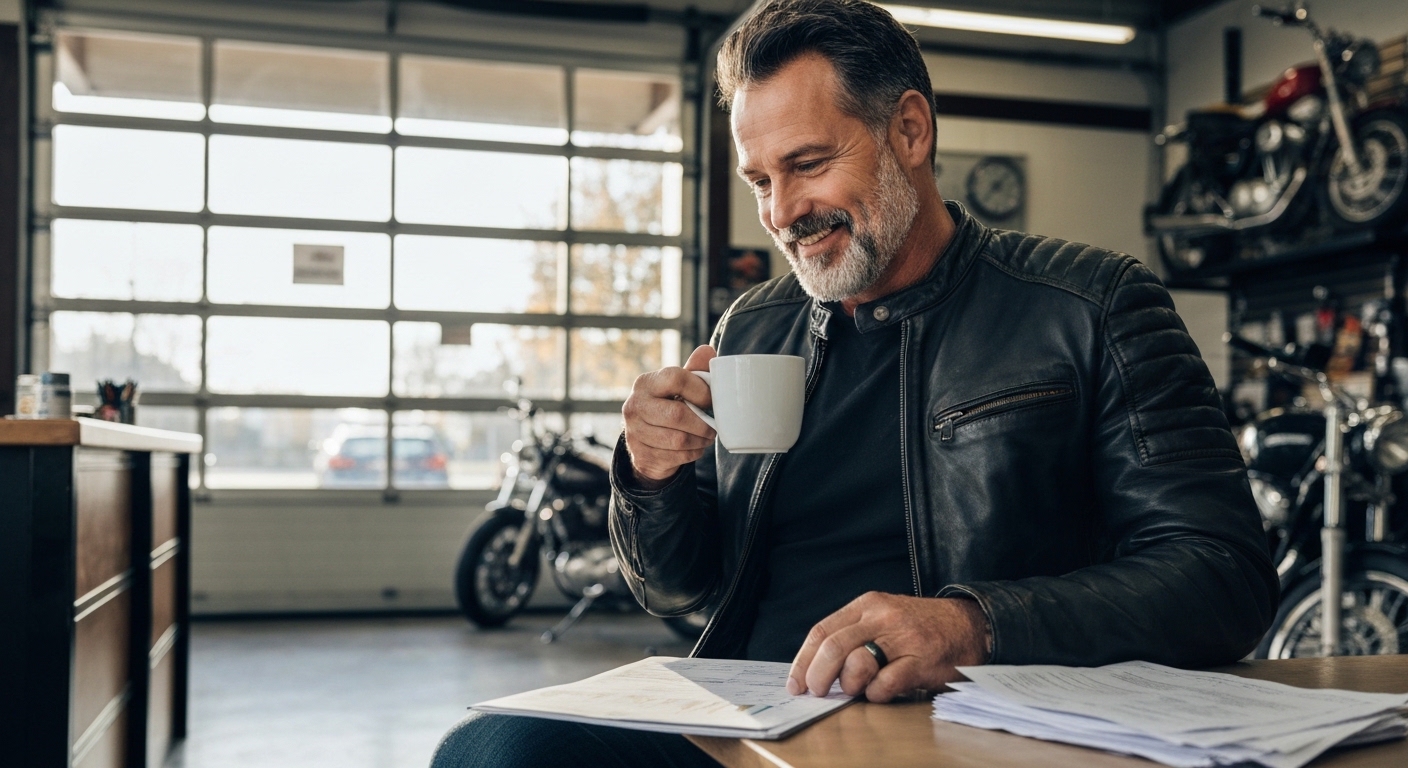 Propietario de tienda de moto analizando rentabilidad de productos