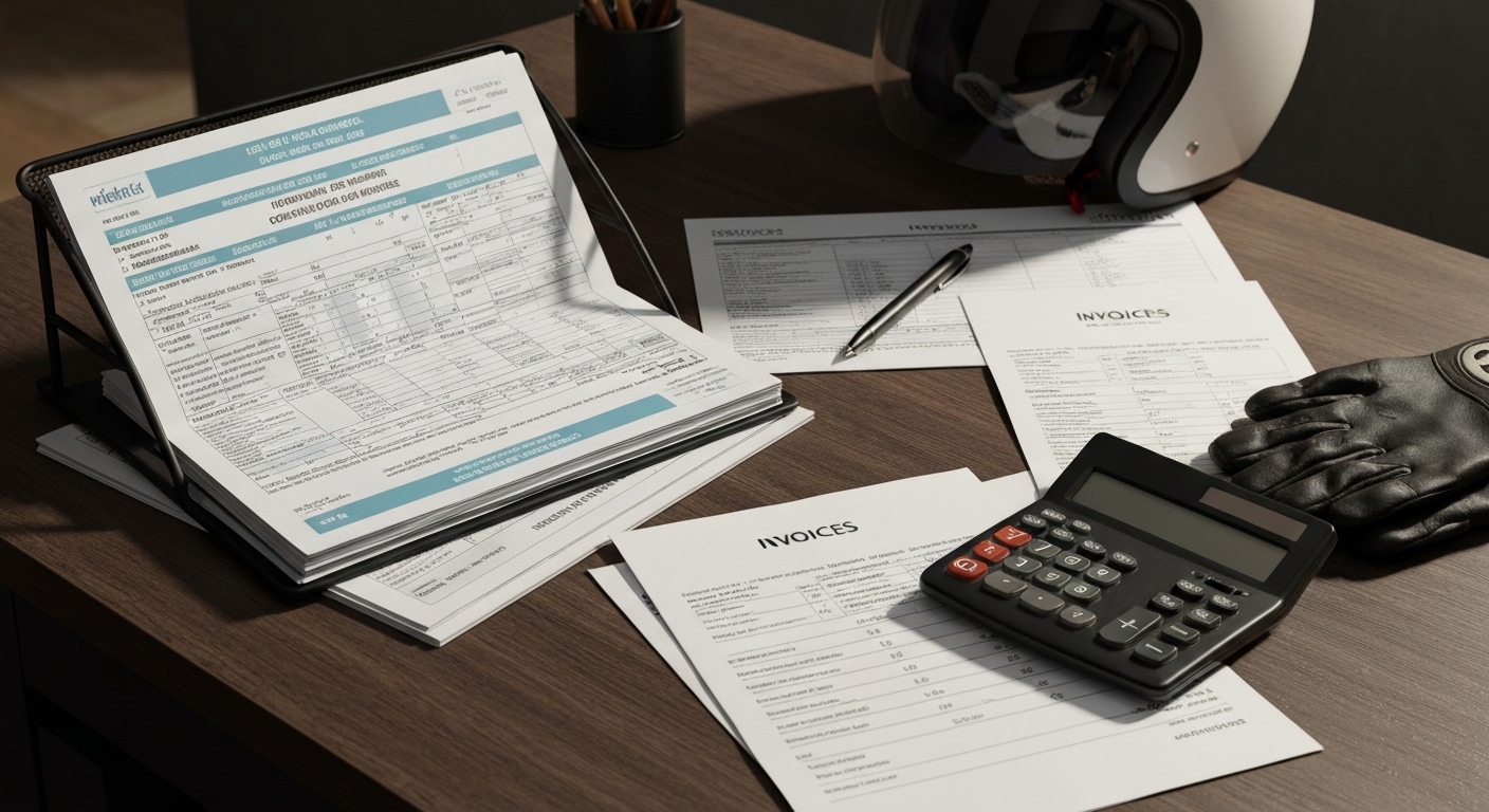 Formulario fiscal con calculadora y facturas de tienda de moto