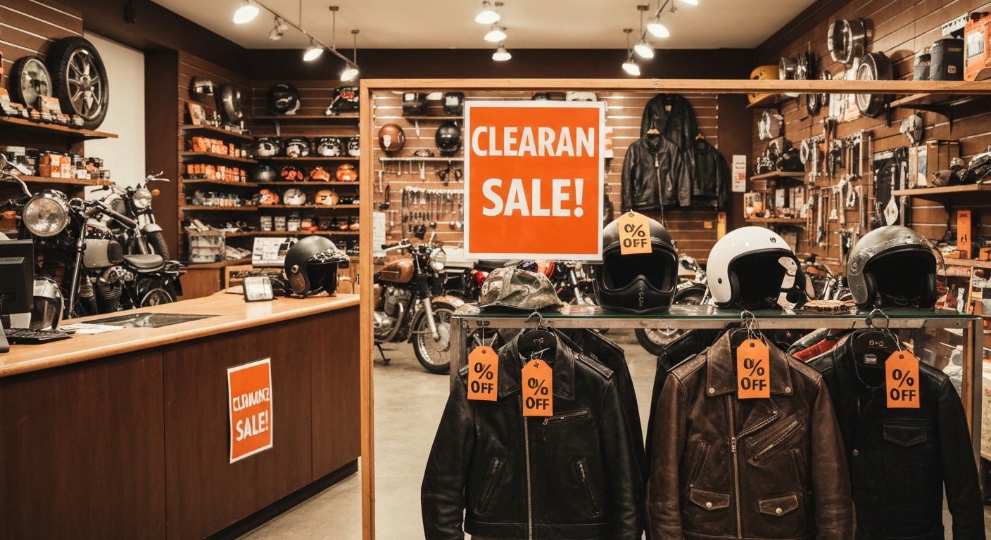 Cartel de liquidacion en tienda de moto con etiquetas de descuento
