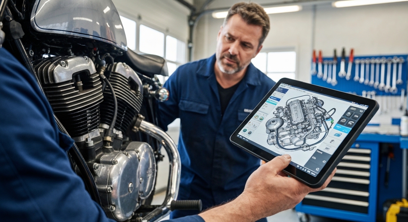 Mecanico con tablet diagnosticando motor de moto