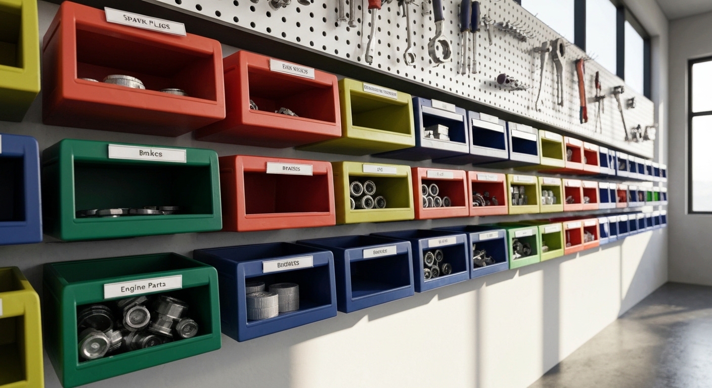 Pared de recambios organizada en taller de motos