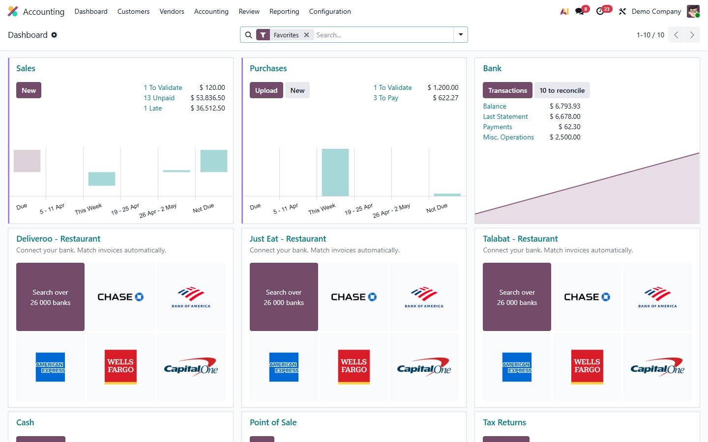 Captura real del modulo Contabilidad de Odoo con facturas