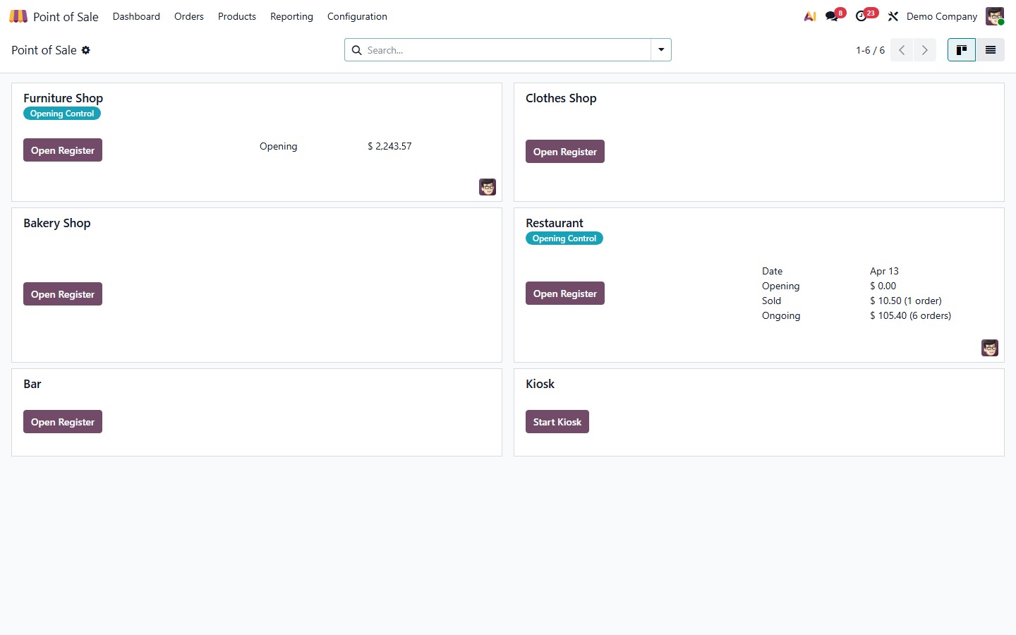 Captura real del modulo Punto de Venta de Odoo con productos de moto
