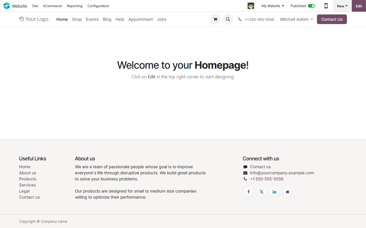 Captura real del modulo Website de Odoo con tienda online